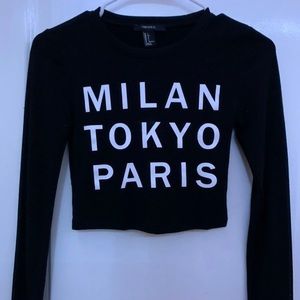 F21 Milan Tokyo Paris Black Longsleeved Crop Top